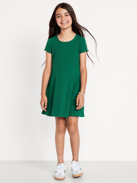 Short-Sleeve Ribbed Fit and Flare Dress for Girls - Green
