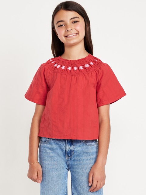 Short-Sleeve Textured Embroidered Top for Girls - Red