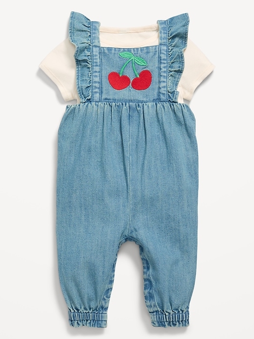 View large product image 1 of 2. Short-Sleeve Ribbed T-Shirt and Chambray Jumpsuit Set for Baby