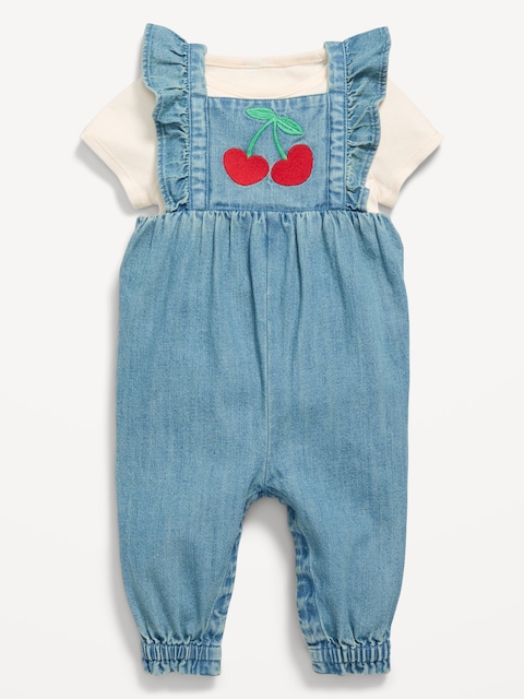 Short-Sleeve Ribbed T-Shirt and Chambray Jumpsuit Set for Baby