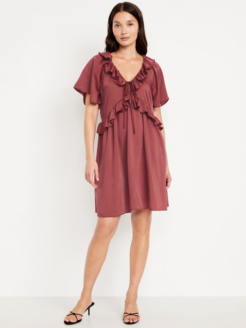 Satin Ruffle Mini Dress - Red