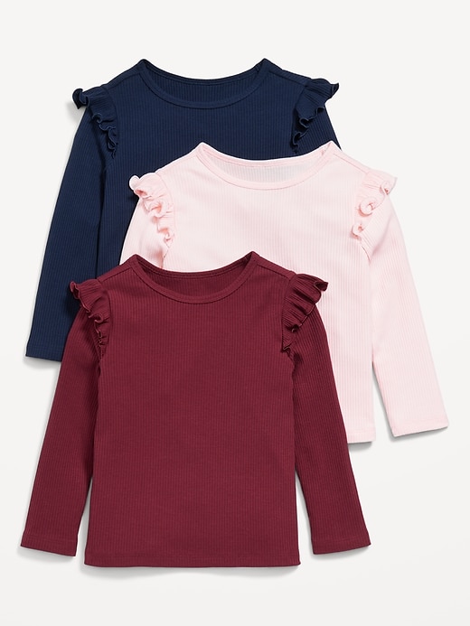 View large product image 1 of 1. Long-Sleeve Ribbed Ruffle-Trim T-Shirts 3-Pack for Toddler Girls