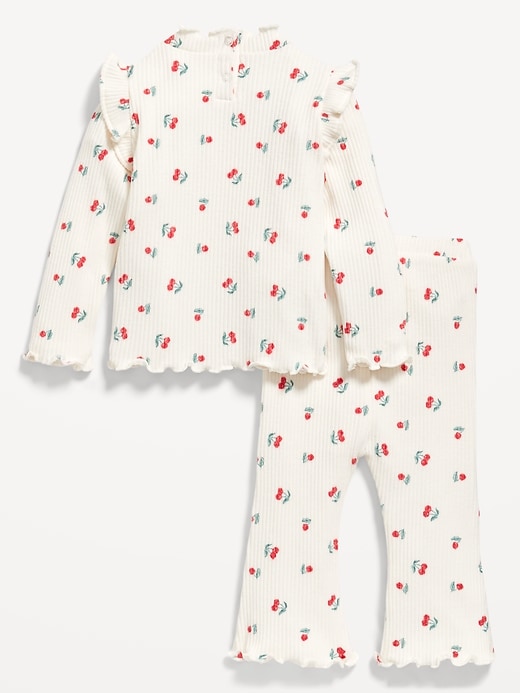 Voir une image plus grande du produit 2 de 2. Ensemble haut à motif et pantalon en tricot côtelé douillet à bordure ondulée pour bébé