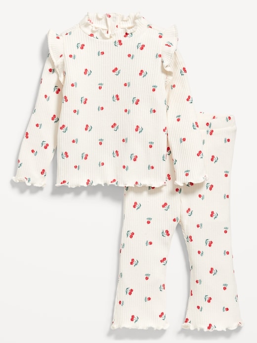 Voir une image plus grande du produit 1 de 2. Ensemble haut à motif et pantalon en tricot côtelé douillet à bordure ondulée pour bébé