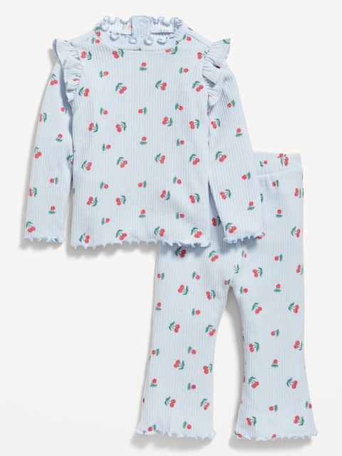 Printed Cozy Rib-Knit Ruffled Top and Pants Set for Baby - Blue