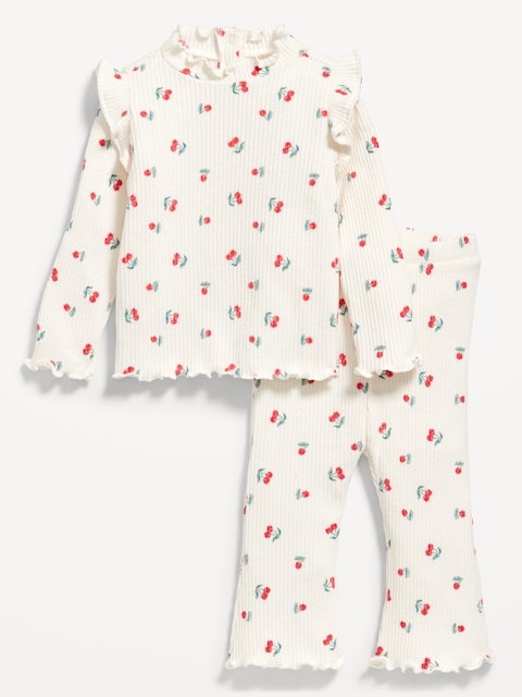 Ensemble haut à motif et pantalon en tricot côtelé douillet à bordure ondulée pour bébé