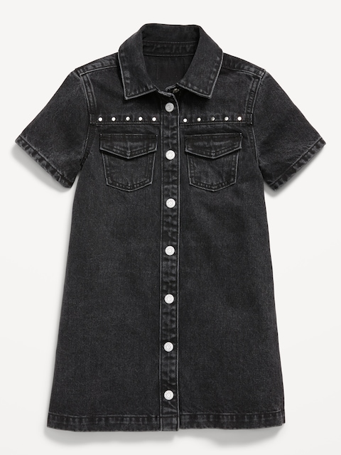 Robe chemisier en denim à poches et à clous décoratifs pour fille - Noir