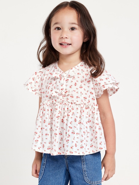Short-Sleeve Ruffled Bow Top for Toddler Girls - White