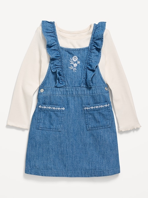 Voir une image plus grande du produit 2 de 2. Ensemble robe en denim brodée et t-shirt côtelé à manches longues pour toute-petite fille