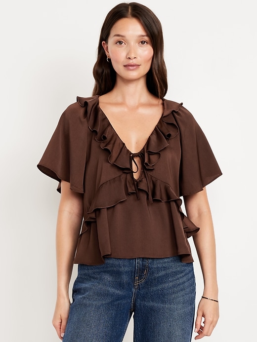 Image number 1 showing, Satin Ruffle Tie-Front Top