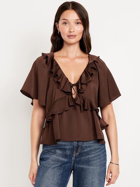 Satin Ruffle Tie-Front Top - Earthen