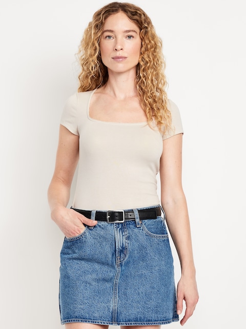 Square-Neck Ribbed T-Shirt - Beige