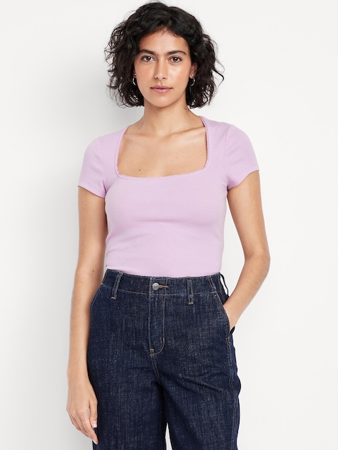 Square-Neck Ribbed T-Shirt - Purple