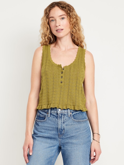 Sleeveless Pointelle Henley Top - Green