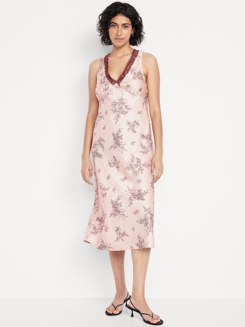 Lace-Trim Satin Midi Dress - Blue