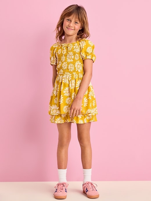 View large product image 1 of 2. Printed Puff-Sleeve Smocked Dress for Girls