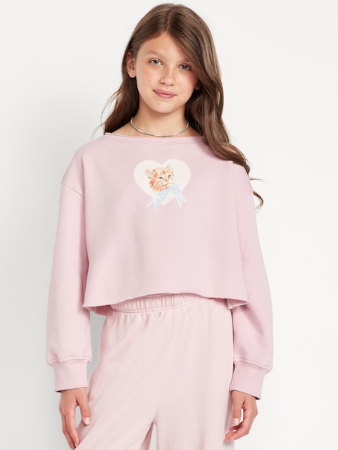 Chandail en coton ouaté à encolure bateau et à imprimé pour fille - Rose