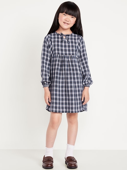 Image number 1 showing, Long-Sleeve Tie-Front Double-Weave Swing Dress for Girls