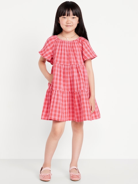 Printed Flutter-Sleeve Double-Weave Tiered Swing Dress for Girls - Multi