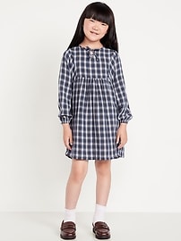 Image number 1 showing, Long-Sleeve Tie-Front Double-Weave Swing Dress for Girls
