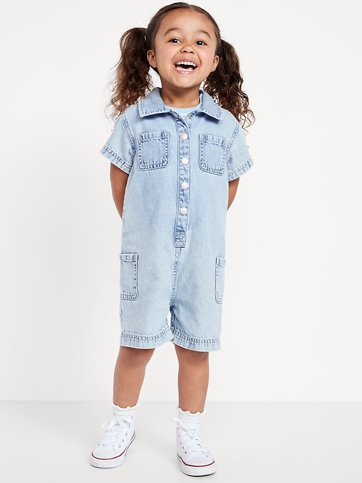 View large product image 1 of 2. Short-Sleeve Utility Jean Romper for Toddler Girls