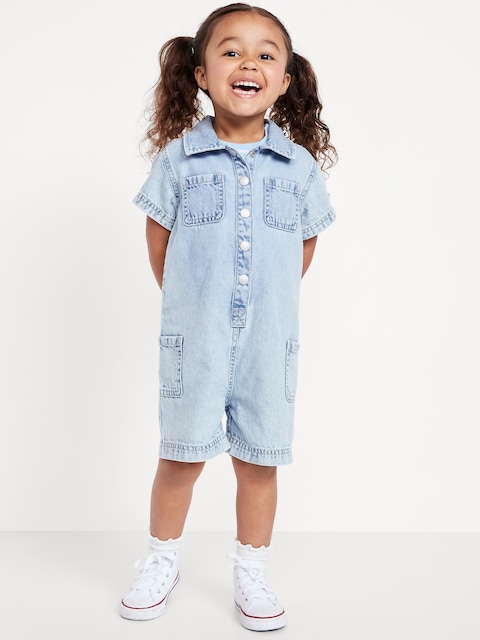 Short-Sleeve Utility Jean Romper for Toddler Girls