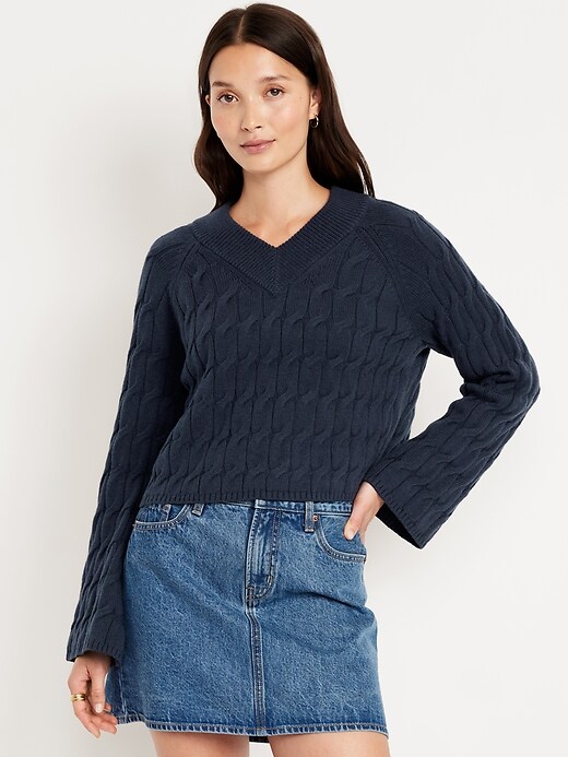 Image number 1 showing, Wool-Blend V-Neck Cable Cropped Sweater