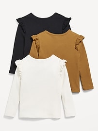Image number 2 showing, Long-Sleeve Ribbed Ruffle-Trim T-Shirts 3-Pack for Toddler Girls
