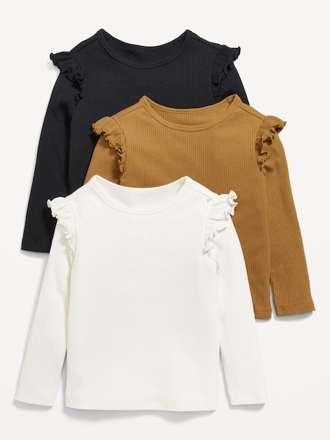 Long-Sleeve Ribbed Ruffle-Trim T-Shirts 3-Pack for Toddler Girls - Crafted Neutrals