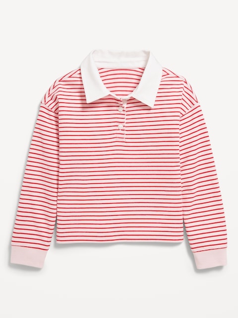 Long-Sleeve Cropped Polo Top for Toddler Girls - Pink Stripe