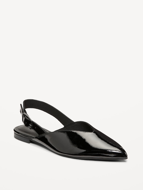 Wide Strap Slingback Flats - Black