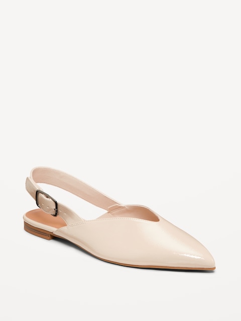 Wide Strap Slingback Flats - Beige