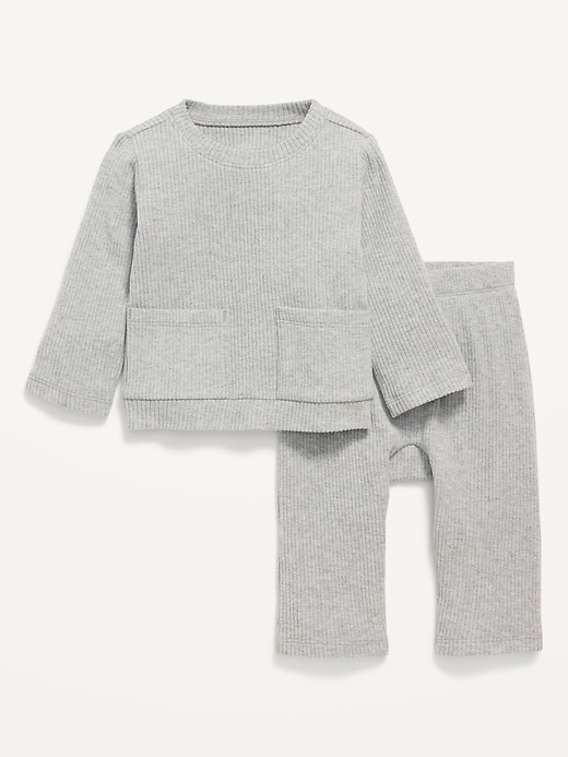 Voir une image plus grande du produit 1 de 3. Ensemble de t-shirt côtelé à poche à manches longues et pantalon pour bébé