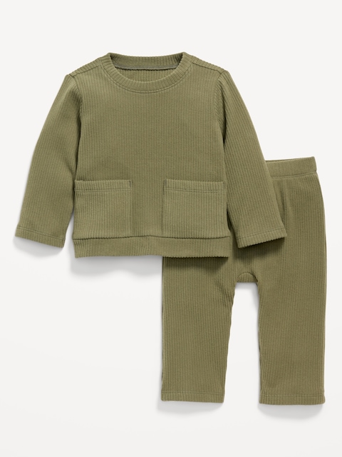 Ribbed Pocket T-Shirt and Pants Set for Baby - Green