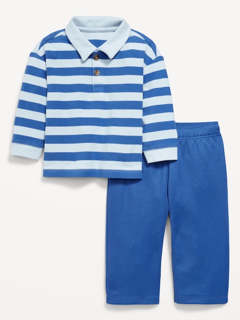 Printed Long-Sleeve Polo Shirt and Pants Set for Baby - Blue