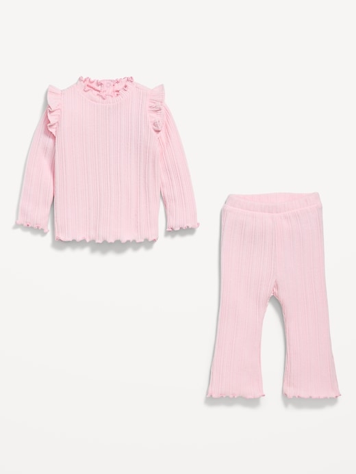 Image number 3 showing, Cozy Long-Sleeve Ribbed Ruffle-Trim Top and Pants Set for Baby