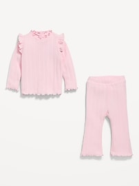 Voir une image plus grande du produit 3 de 3. Ensemble douillet composé d’un pantalon et d’un haut côtelé à manches longues à volants pour bébé
