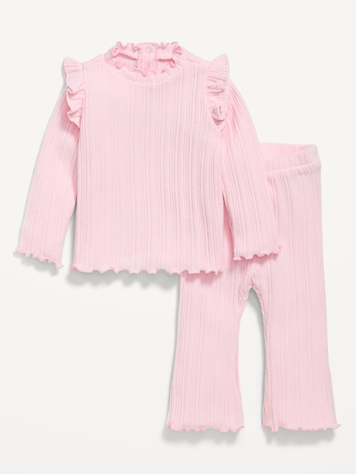 Voir une image plus grande du produit 1 de 3. Ensemble douillet composé d’un pantalon et d’un haut côtelé à manches longues à volants pour bébé