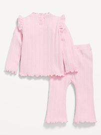 Image number 2 showing, Cozy Long-Sleeve Ribbed Ruffle-Trim Top and Pants Set for Baby