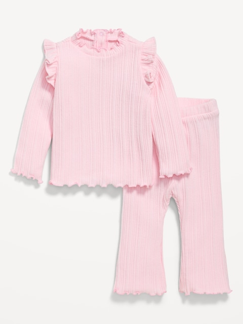 Ensemble douillet composé d’un pantalon et d’un haut côtelé à manches longues à volants pour bébé