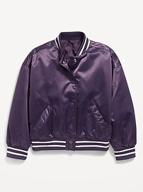 Image number 2 showing, Loose Button-Front Satin Bomber Jacket for Girls