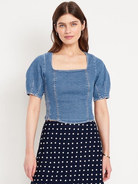 Square-Neck Denim Crop Top