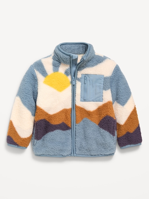 Oversized Printed Sherpa Zip-Pocket Jacket for Toddler Boys