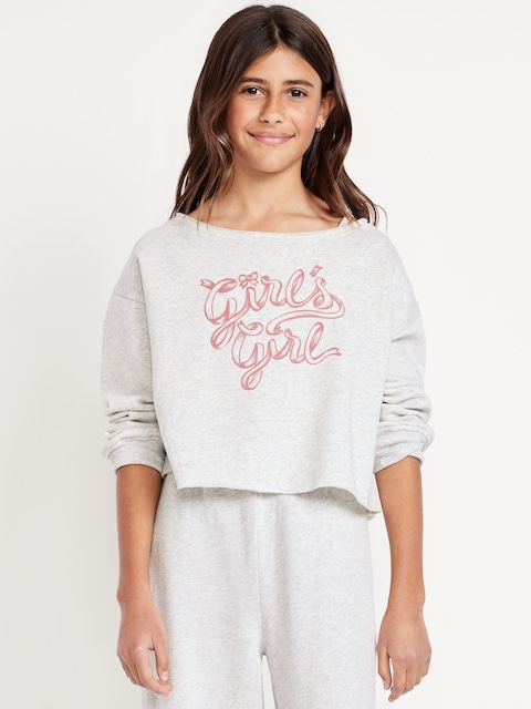 Chandail en coton ouaté à encolure bateau et à imprimé pour fille - Gris