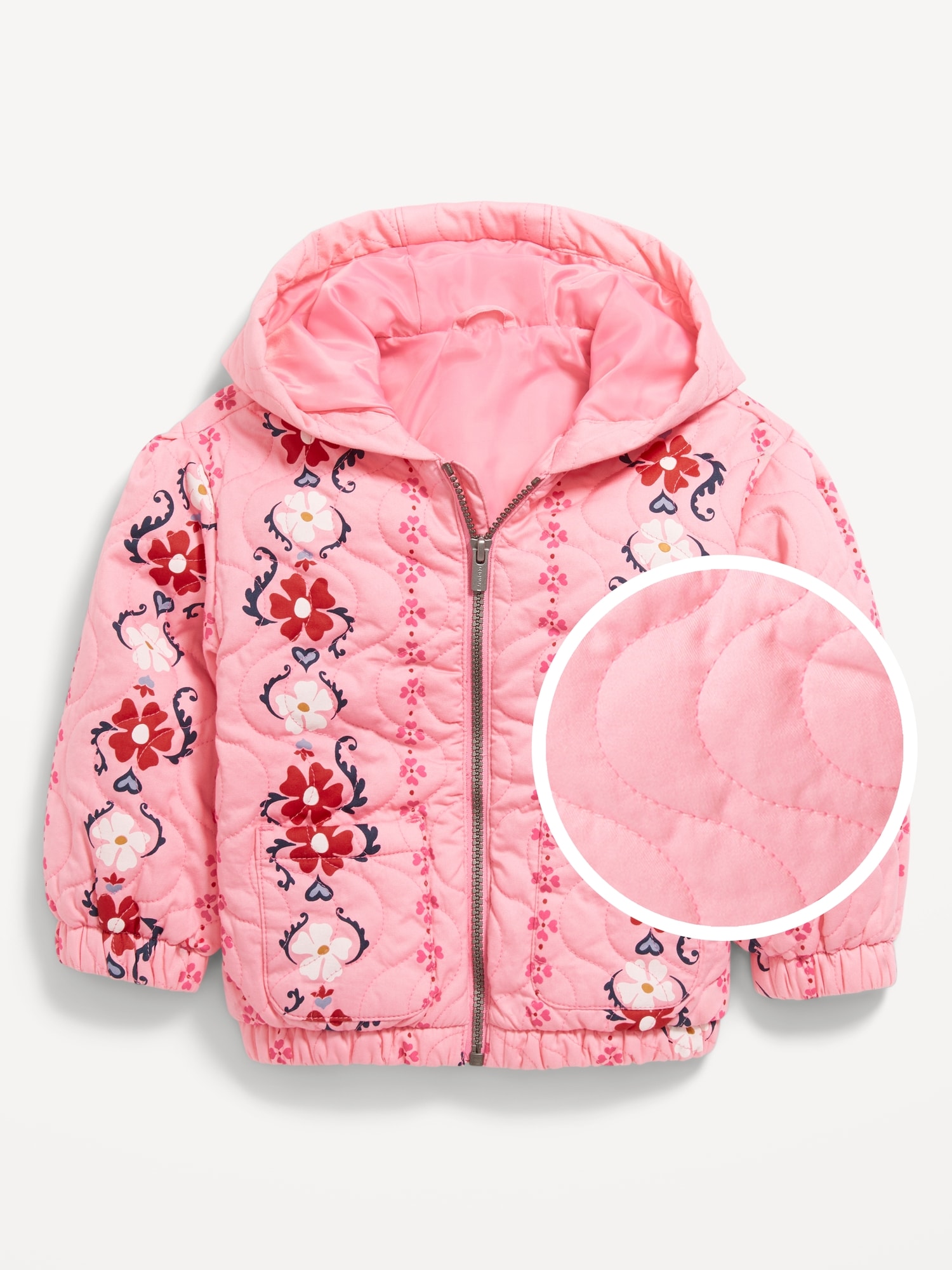 Printed Quilted Pocket Twill Jacket for Toddler Girls