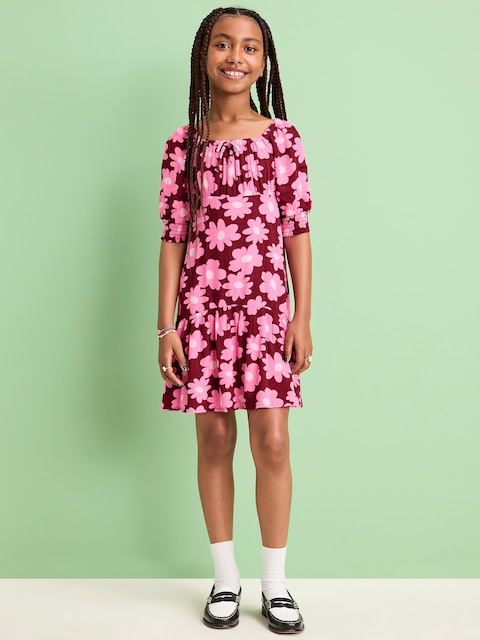 Short-Sleeve Crinkle Crepe Swing Dress for Girls - Red