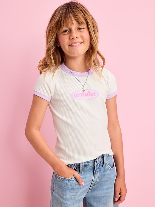 View large product image 1 of 3. Fitted Short-Sleeve Ribbed Graphic Ringer T-Shirt for Girls