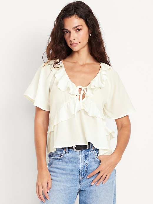 Image number 1 showing, Satin Ruffle Tie-Front Top