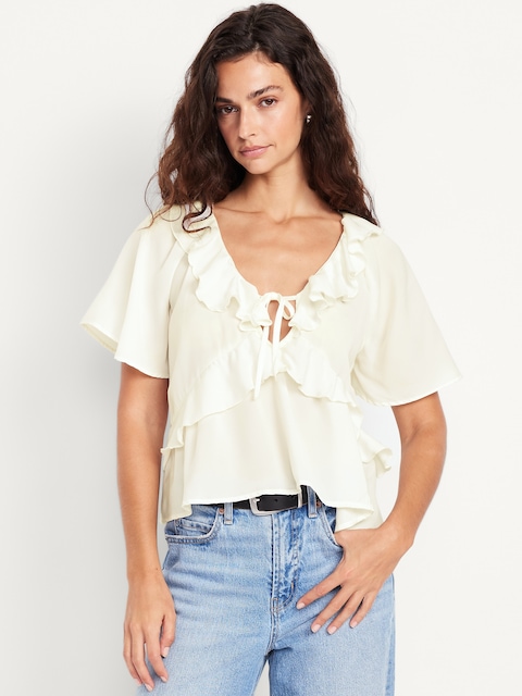 Satin Ruffle Tie-Front Top - Sea Salt