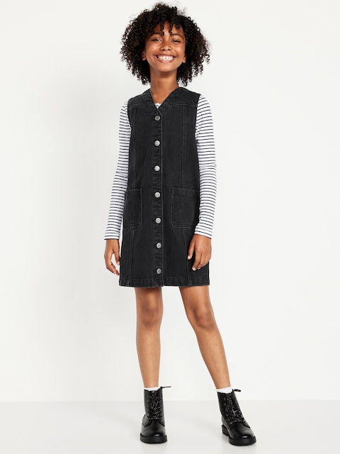 Sleeveless Pocket Jean Dress for Girls - Black